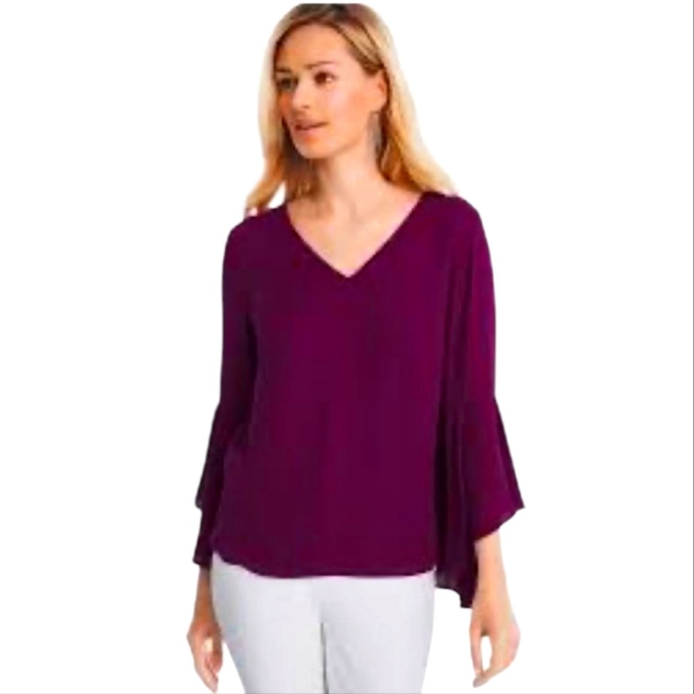 White House Black Market Dramatic Purple Bell Sleeve‎ Drape Back Blouse Top 6 M - Picture 2 of 15